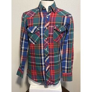 VTG Wrangler Pearl Snap X- Long Tails USA Made Shirt Mens 15 1/2x33 Plaid Cotton